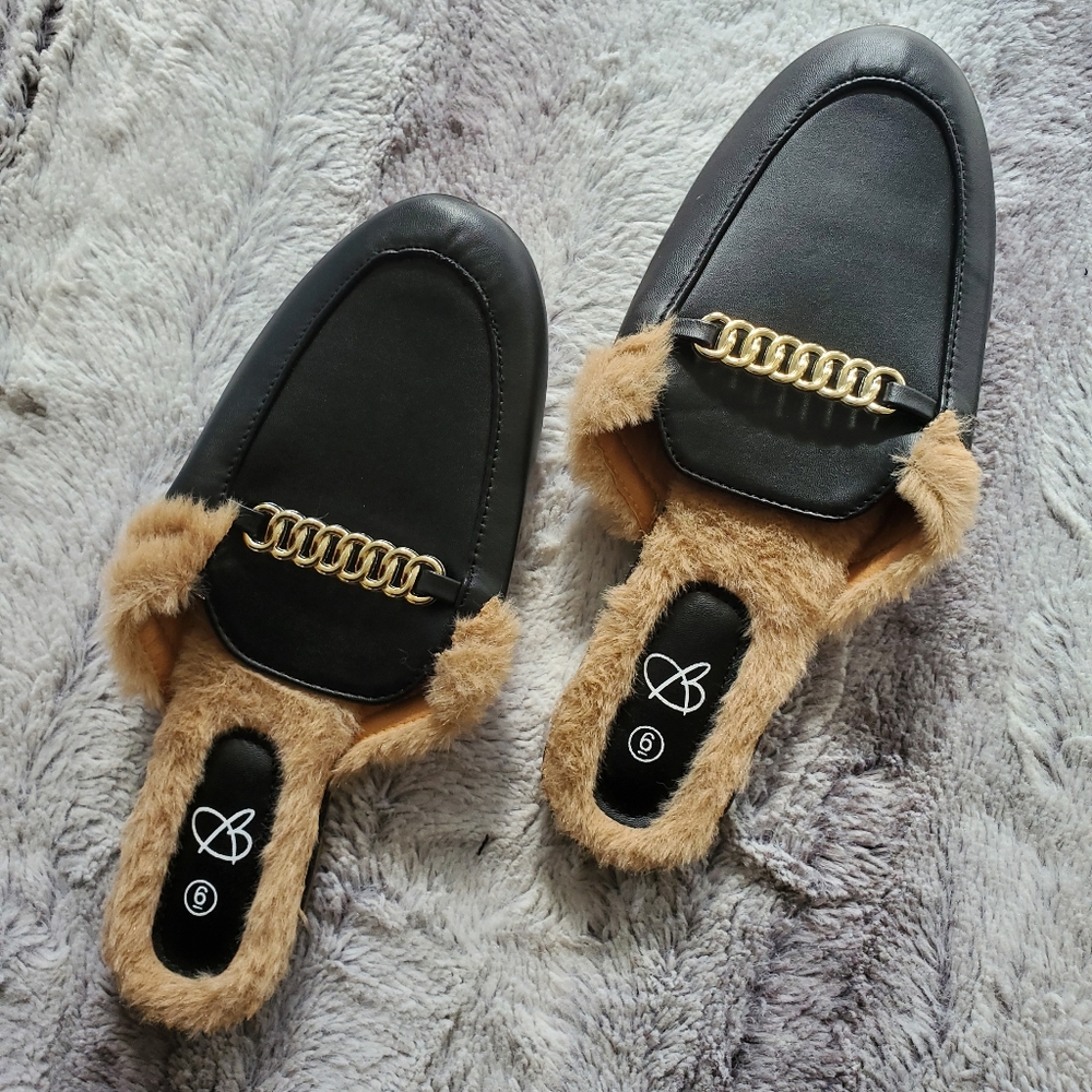 Black Faux Leather/Fur Slides